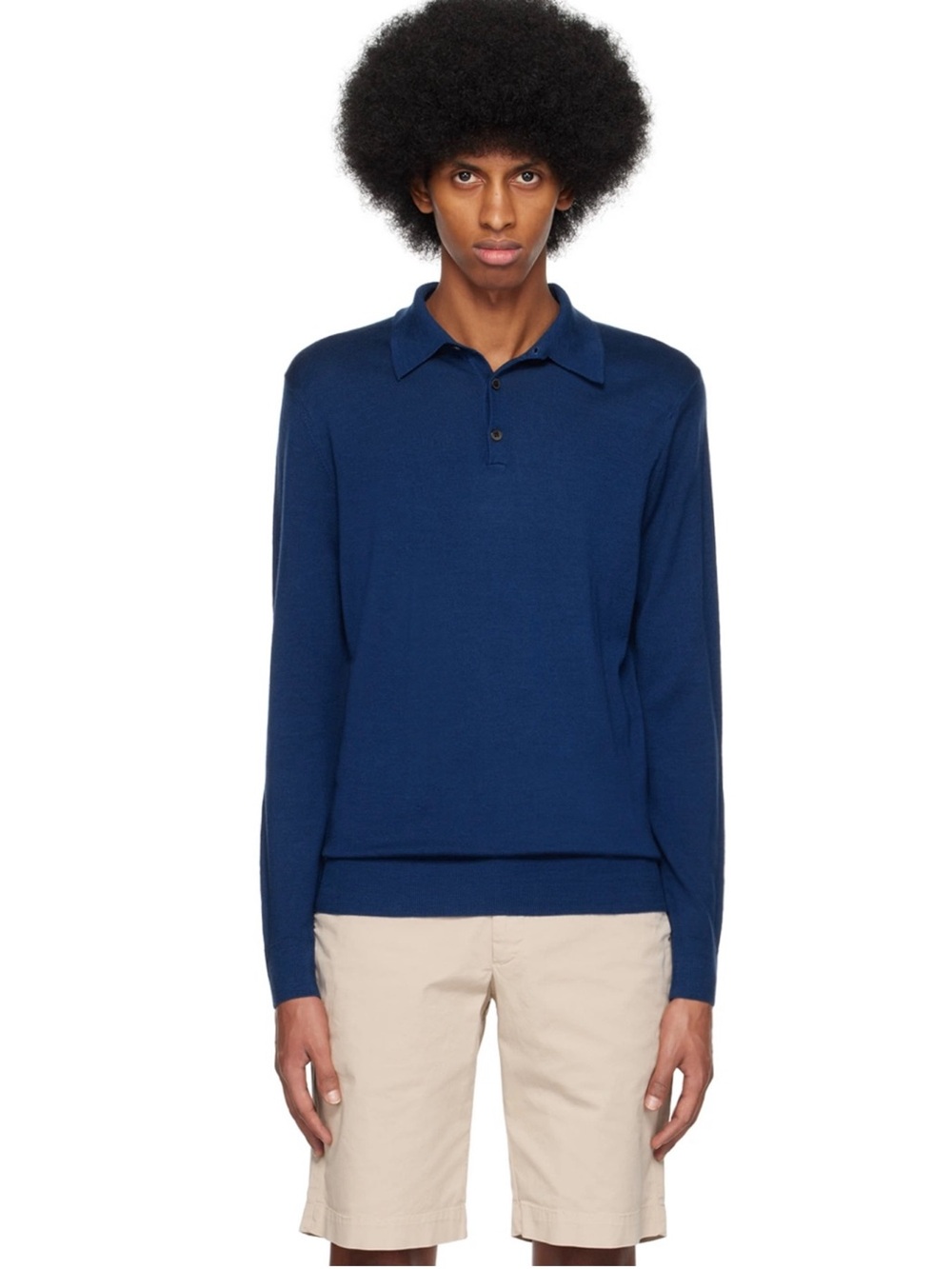 Sunspel England || Extra‑Fine Merino Polo Sweater Knit Collared Blue Medium